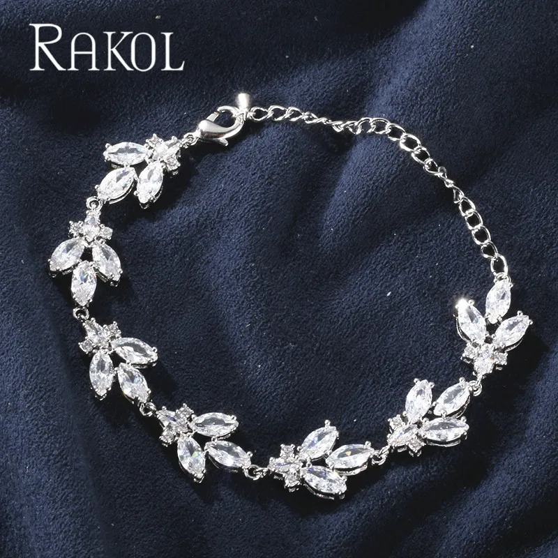 White Color Классические Прозрачные браслеты RAKOL с кубическим цирконием в виде листьев, браслеты для женщин, вечерние аксессуары для свадебного платья - Окраска металла: White Color