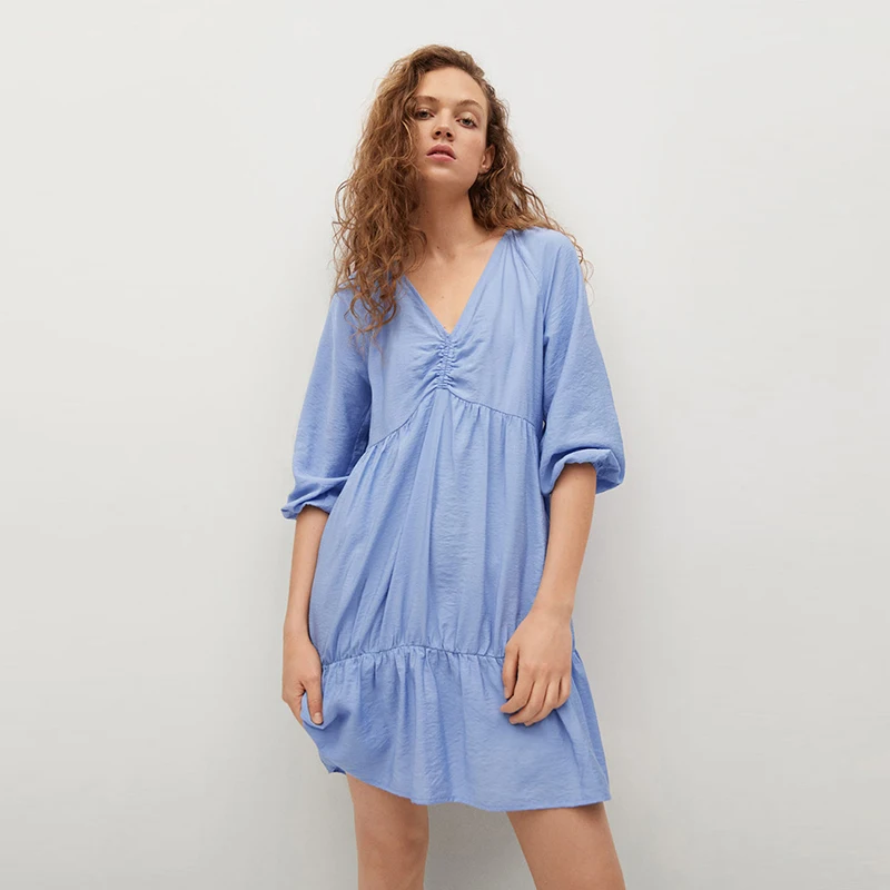

Women V Neck Folds Dress Elegant Fashion Lantern Sleeve Mini Dress 2021 Blue Ruffle Party Dress For Autumn Casual Female Clothes