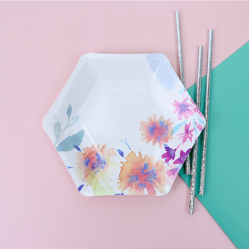 12pcs Gilding Flower Paper Plates Cake Hexagon Dishes Baby Shower Birthday Party Wedding Anniversary Disposable Tableware | Дом и сад