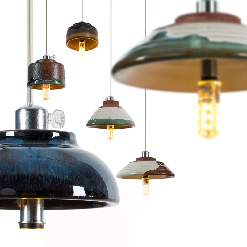 

European-style Country Ceramic Mud Pendant Lights Theme Dining Room Kitchen Teahouse Hanging Lamps Window Deco Holder Lighting