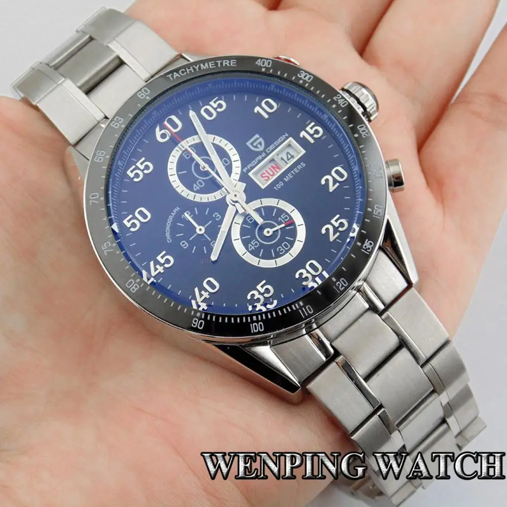 PAGANI Дизайн черный циферблат Дата Многофункциональный кварцевый хронограф