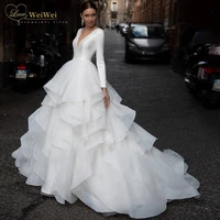 romantic v neck wedding dress princess long sleeves sweep train back button multi layered ruffles bridal gown vestidos de novia