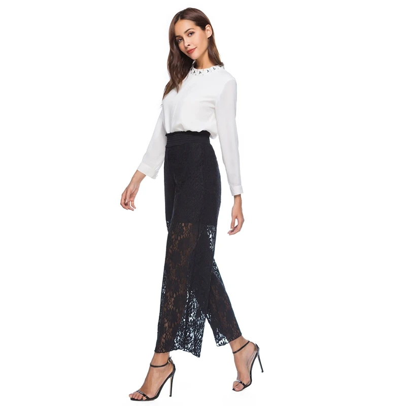 

Black Wide Leg Trousers Elegant Outfits For Women Summer 2021 Lace Pants Elastic High Waist Ladies Office Wear Fashion Bottoms