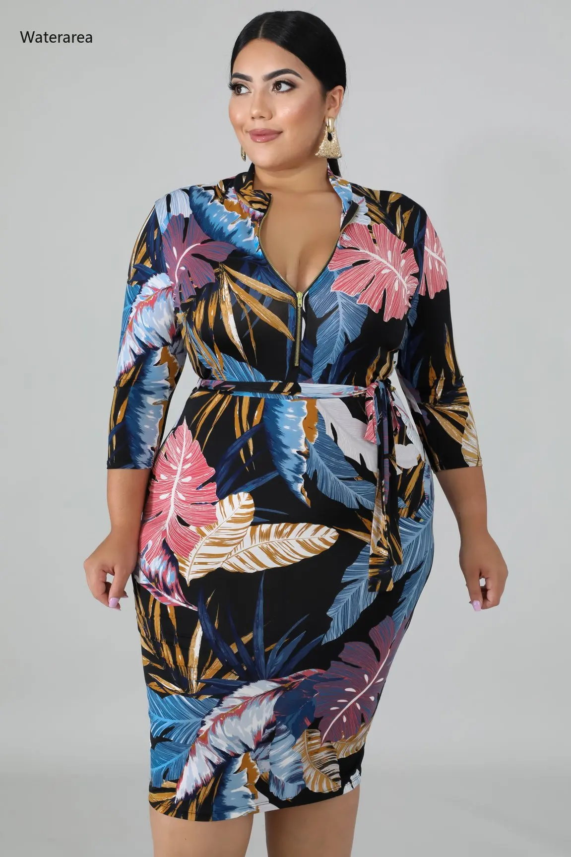 Новинка размера плюс женское платье с v-образным вырезом на молнии Три четверти