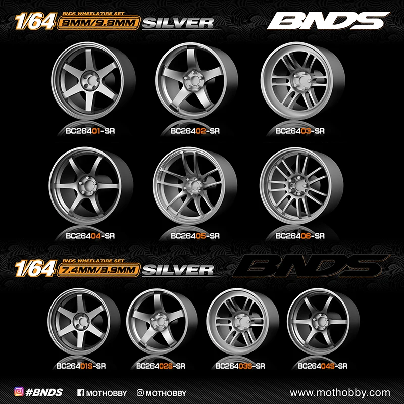 1/64 Silver ABS Wheels With Rubber Tires By BNDS Assembly Rims Modified Parts for Model Car Refitted Model Car 4pcs Set