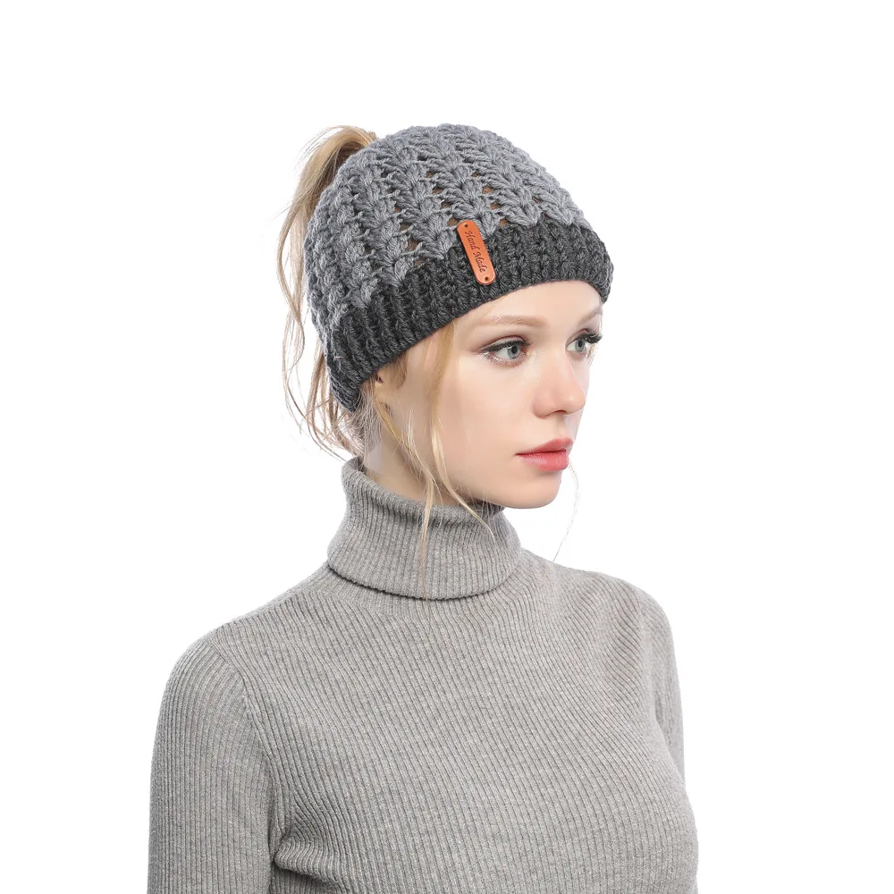 Europe, America, autumn and winter, new, matching, hole, cap, cap, empty top, knitted wool cap, ponytail cap, warm hat