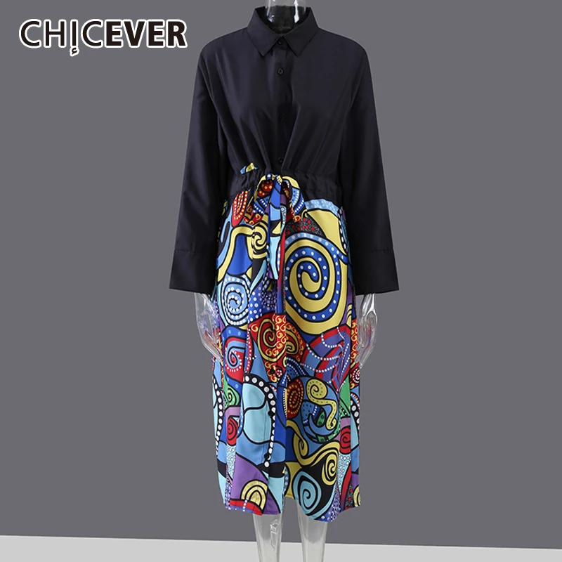 

CHICEVER цветное Платье с принтом для женщин, с воротником с лацканами, с длинным рукавом, с высокой талией, свободные миди платья, женская одежд...