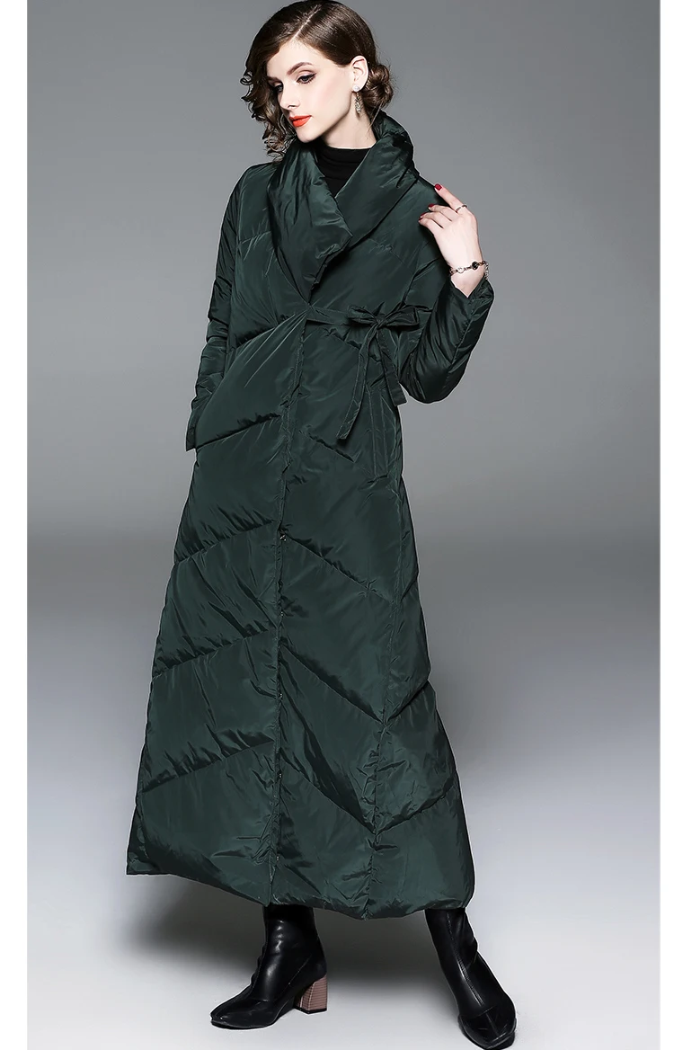 Женское длинное пальто на утином пуху зеленое или черное Макси длиной до