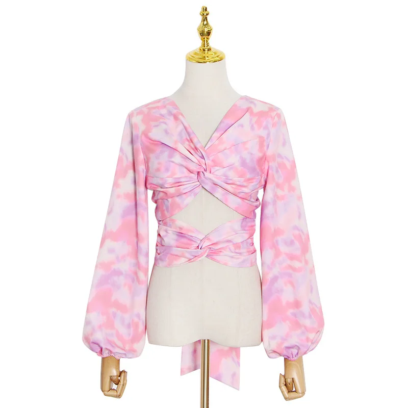 

Summer new irregular color printing and dyeing v-neck sexy navel lantern sleeve lace-up blouse