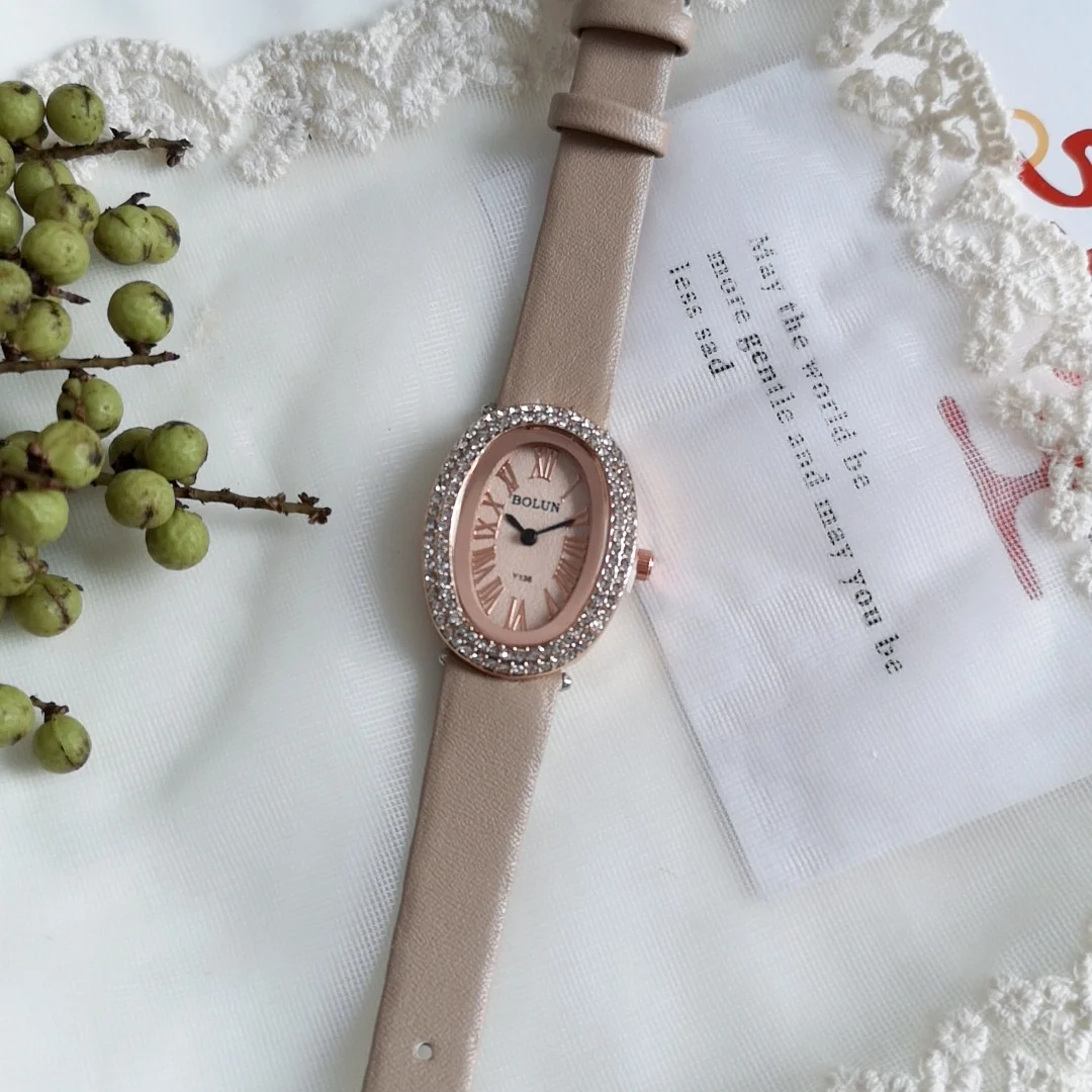 2022 Fashion Luxury Designer Brand Leather strap Diamond Women Watches Quartz Oval Shape Waterproof Ladies Watch