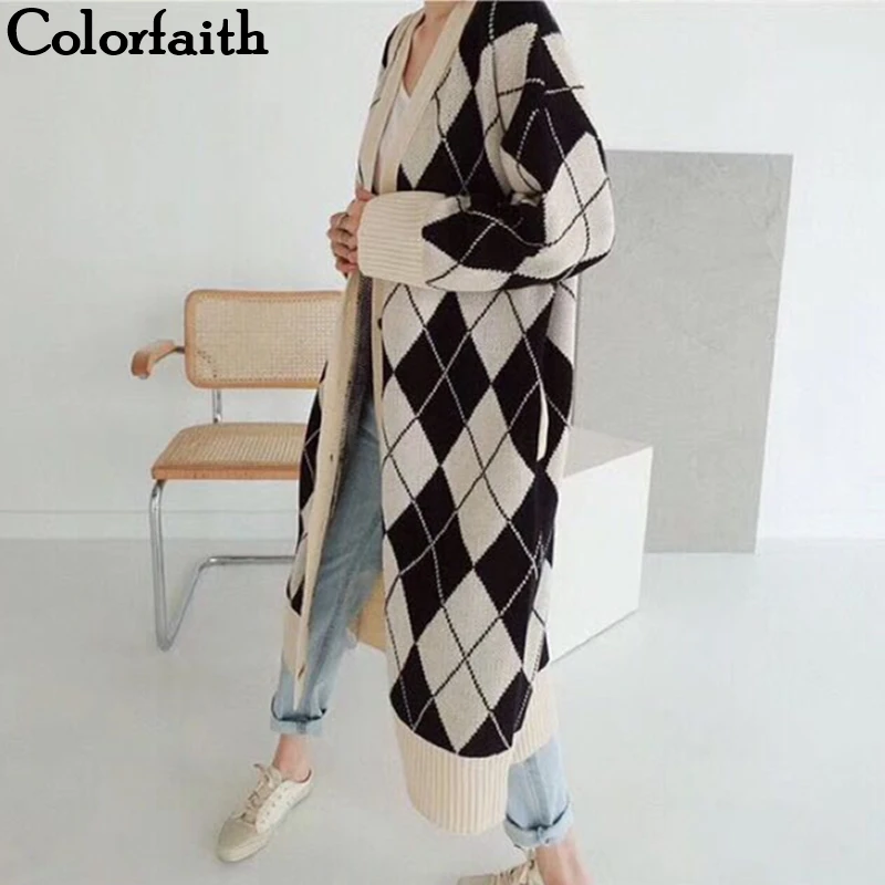Colorfaith женские Свитера Осень Зима 2019 модные повседневные клетчатые кардиганы с v