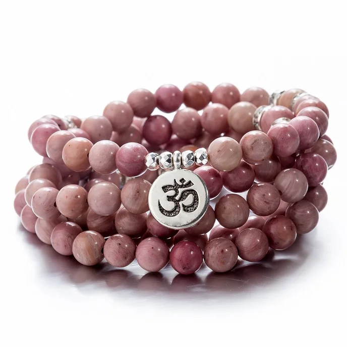 red OM Женские 108 бусины, розовые камни, эластичные браслеты, Lotus OM, Будда, молитва, любовь, массивные ювелирные изделия - Окраска металла: red OM