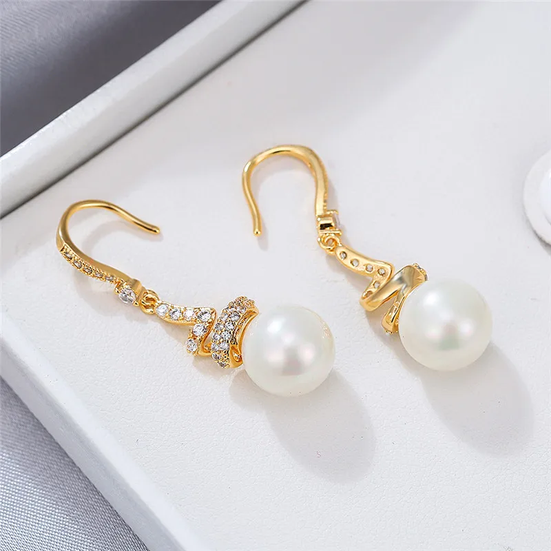 

Elegant Female White Pearl Dangle Earrings Rose Gold Silver Color Drop Earrings For Women Trendy Round Crystal Wedding Earrings
