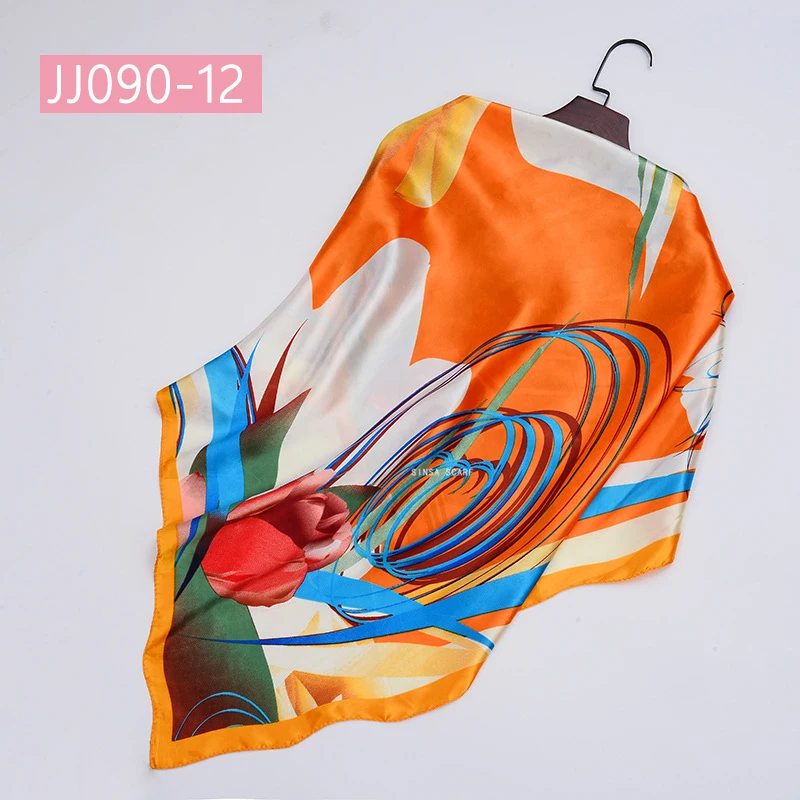 JJ090-12 90*90 см квадратный шарф для женщин, подходит ко всему, элегантные цветочные шарфы для волос, Женская бандана, весна-осень, атласные шелковые шарфы, шаль - Цвет: JJ090-12
