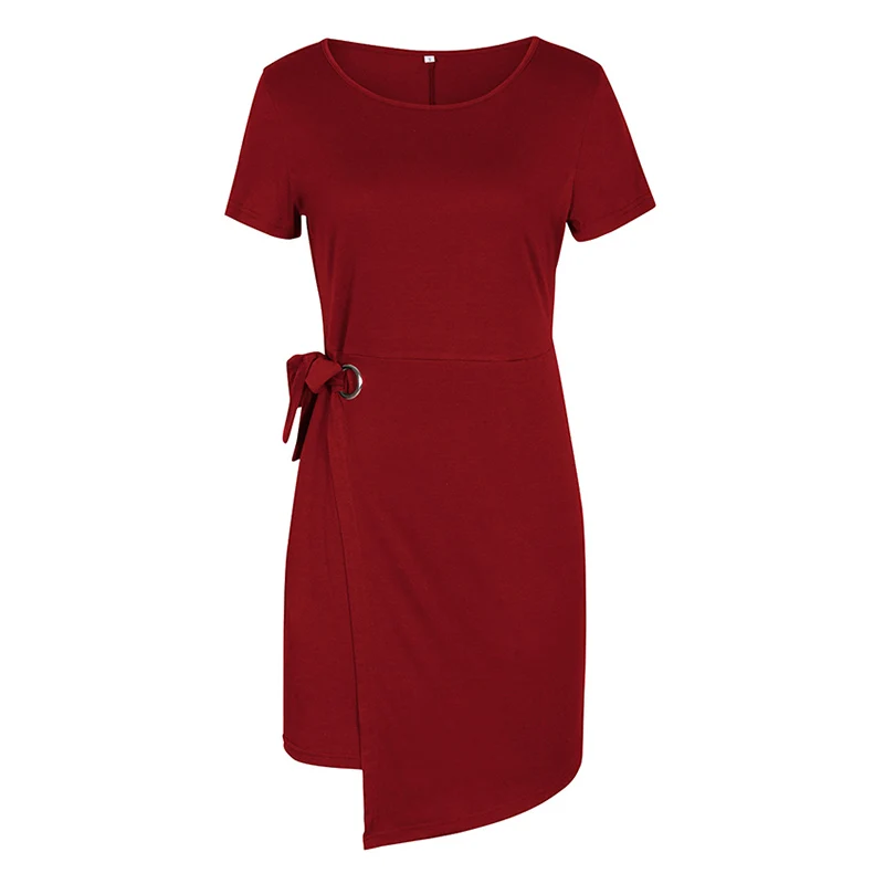 

O-neck Summer Solid Color Loose High Waist Short sleeve Dress Thin Waist Slimming Lace Irregular Hem Mini Pullover Dress