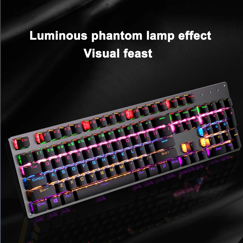 Игровая механическая клавиатура проводная USB с синим и красным переключателем 104