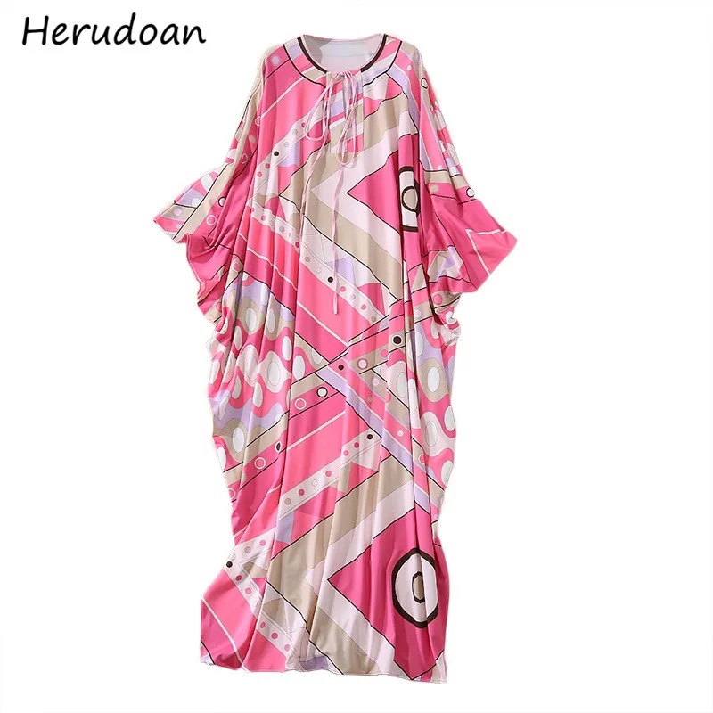 

Herudoan Fashion Runway Designer Autumn Dress Women Bow Geometric Printed Bohemian Vacation Loose Ladies Maxi Long Dress