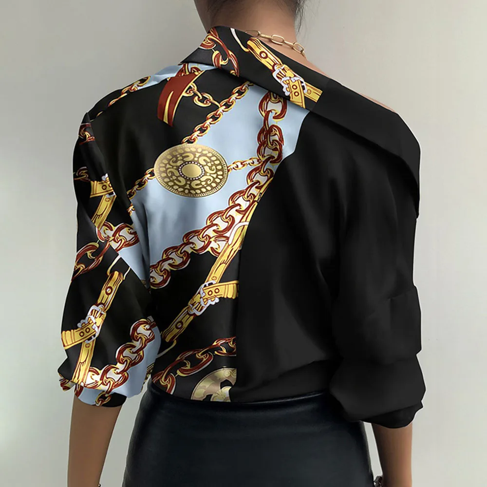 

Women's Autumn Shirt Tops Casual Fashion Print Lapel Single Row Button Lantern Long Sleeve Black Red Ladies Office Shirt 2021