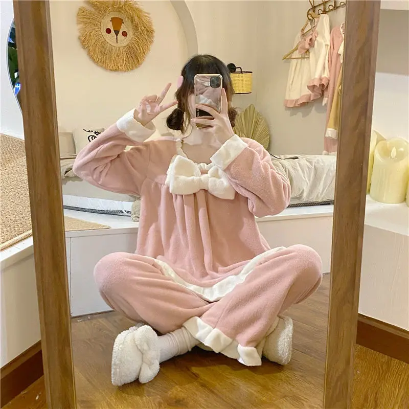 Winter 2021 Autumn New Sweet Bow Pajamas Women's Princess Set Two-piece Ins Pajama Sets Sleepwear Female Pijamas Nightgown Suit