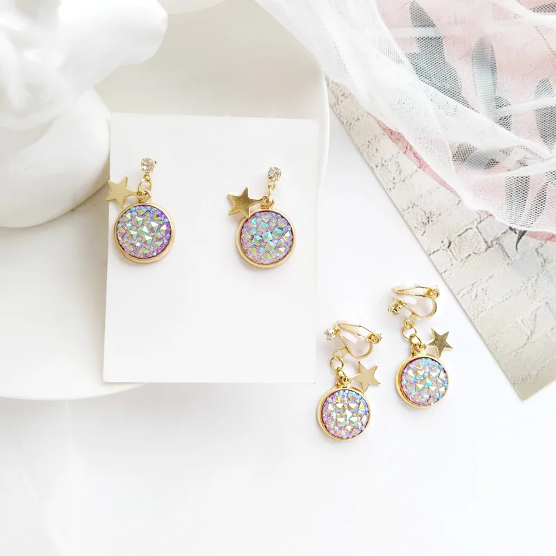 Simple Rhombic Star Resin Round Disc Clip Earrings Women Shinny Bright Purple Stone Clip on Earrings No Pierced Hole