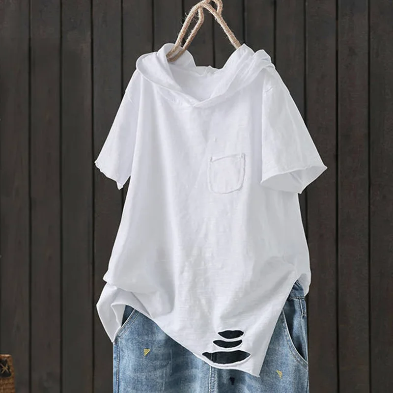 

T-Shirt Woman Cotton Hooded T-shirt Female Summer New Style Pocket Printing Loose White Cotton Short Sleeve Artistic Hole Jumper