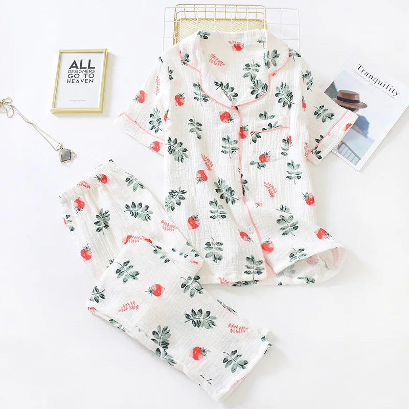 Summer Pajamas for Women Pure Cotton Gauze Short Sleeve Trousers Pajamas Set Thin Soft and Comfort Korean Home Two Piece Set