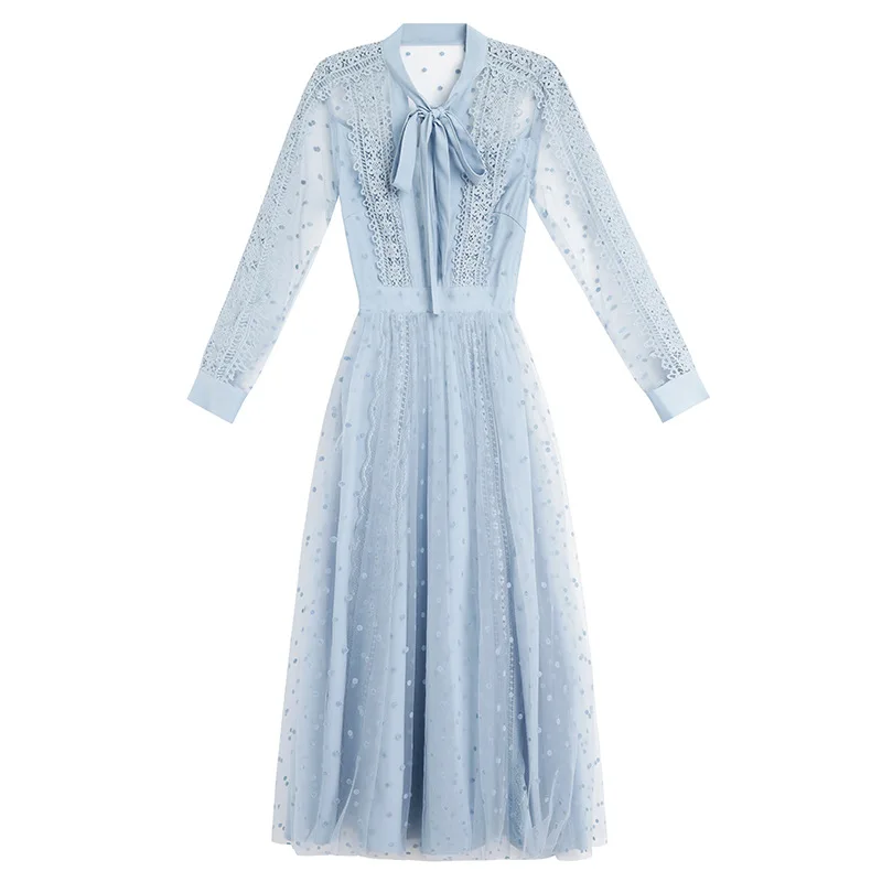 

Blue Dress Autumn 2021 The New Retro Temperament Draw Back Thin Lace