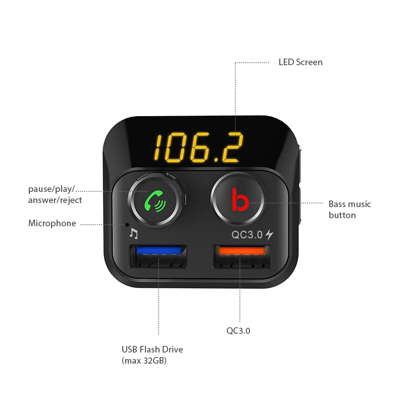 Автомобильный FM передатчик VANJEW BT201D с функцией быстрой зарядки Bluetooth модулятор V5.0