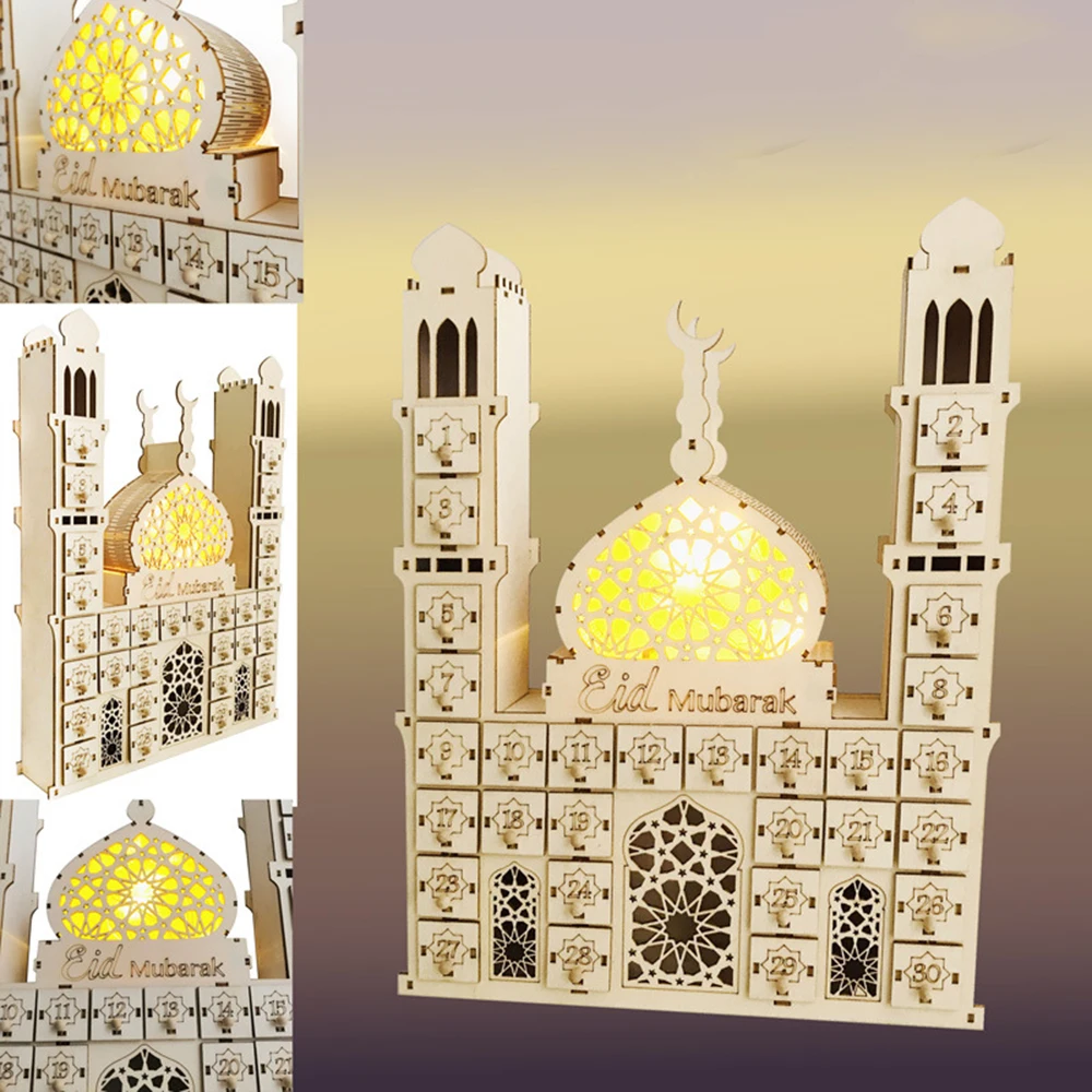 

Ramadan Decoration Wooden Eid Mubarak Ramadan Advent Countdown Calendar DIY Palace LED Light Ramadan Ornaments Wooden Drawer