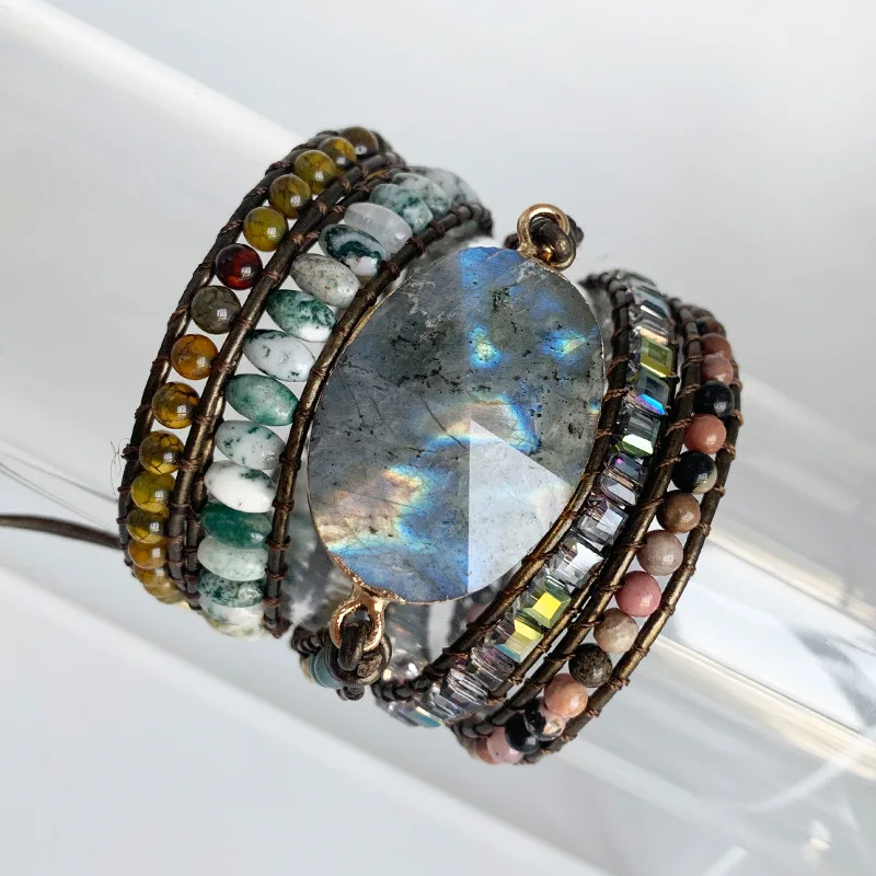 

Premium Beaded Bracelets Leather Bracelet Labradorite 5 Strands Woven Wrap Bracelets Bohemian Statement Bracelet Dropship Gifts