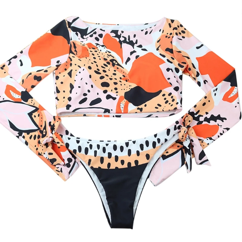 

Women Sexy 2pcs Bikini Long Sleeve Sunscreen Crop Top Swimsuit Leopard Polka Dot Print Side Tie Thong Bathing Suit