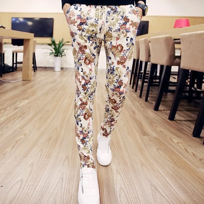 Мужские длинные брюки с цветочным принтом в народном стиле повседневные