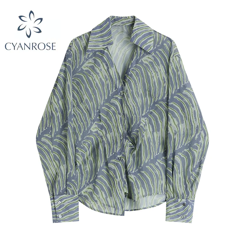 

Женская шифоновая рубашка в полоску, винтажная однобортная Свободная блузка в стиле Харадзюку С Длинным Рукавом и отложным воротником, осе...