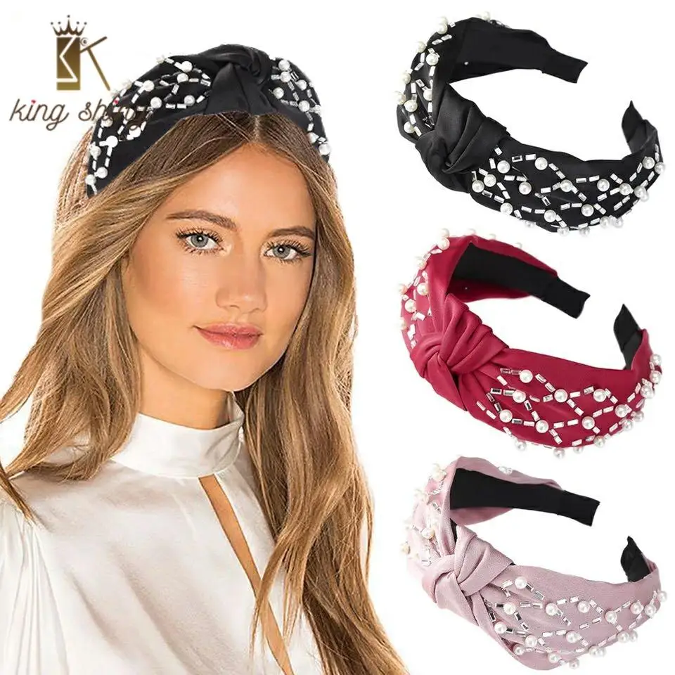 

Spring Design Simulated Pearl Knotted Headband for Woman Vintage Shiny Rhineston Twisted Hairband Girl Wide Bezel Hair Accessory