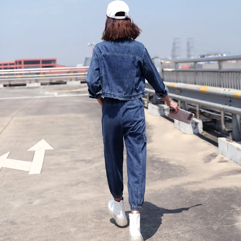 

Women Autumn Slim Denim Harem Pants Set Spring Autumn Retro Long Sleeve Short Jacket 2 Piece Set Fashion Hip Hop Trousers Female