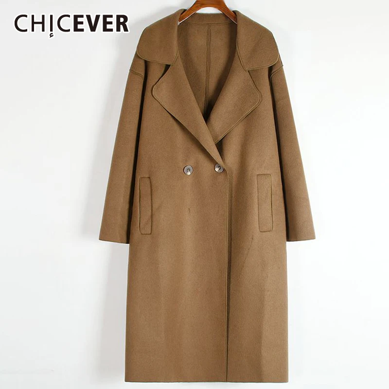 

CHICEVER, корейское модное Коричневое Пальто для женщин, воротник с лацканами, длинный рукав, однотонный, минималистичный, прямое пальто, женска...