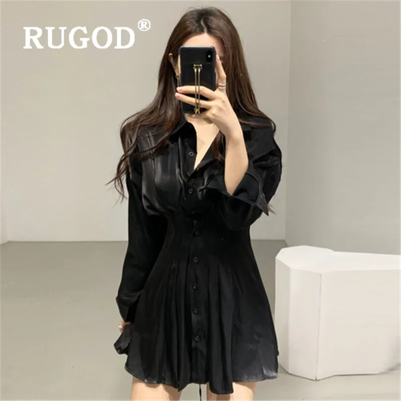 RUGOD Korean chic Floodlight women dress Elegant turn-down collat slim office ladies mini party Casual solid tunic dresses | Женская