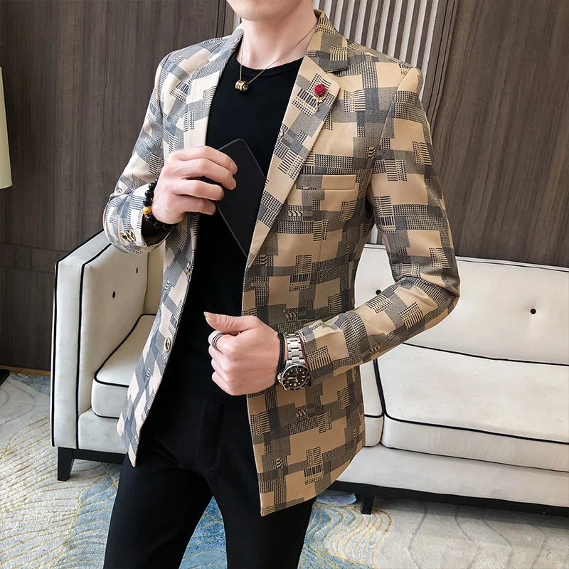 

2020 Korean Plaid Suit Blazer Jacket Men Stylish Dress Prom Blazers For Men Casual Slim Club Stage Singer Suit Blusa Masculina