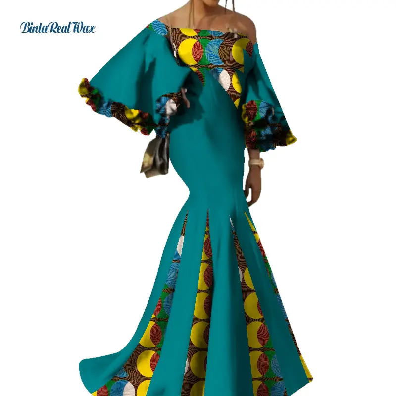 2021 Bazin Riche African Women Clothing Sexy Patchwork Flower Sleeve Long Dresses Party Vestidos African Print Dresses WY3441