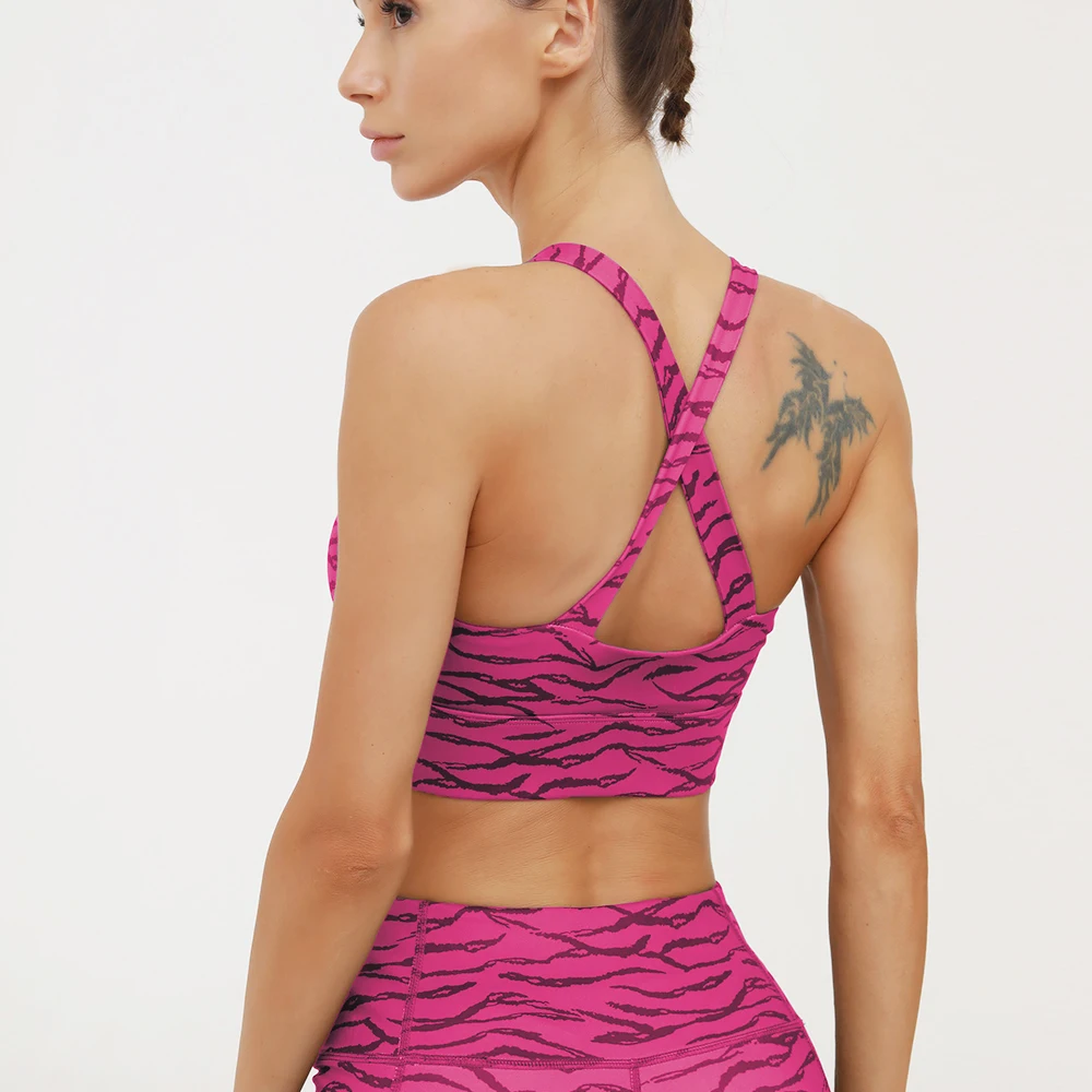 

ISIYUAN Hot new zebra-print digital print yoga suit sports fitness running suit Pink and black Gym Running Exercise bra Yoga