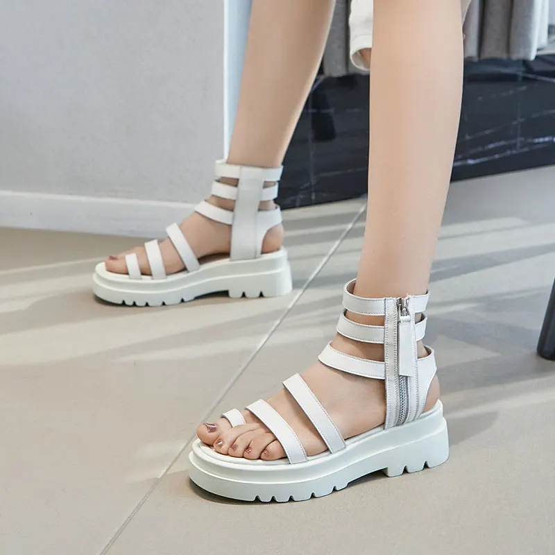 

MLJUFEE 2021 Women Sandals Soft Cow Leather Summer Gladiator Zippers Buckle Strap Platform High Heels Sandals