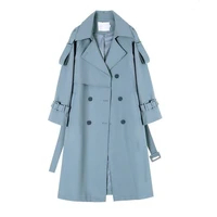 women spring long trench coat double breasted female fashion windbreaker loose casual new blue french style chic outerwear 2022