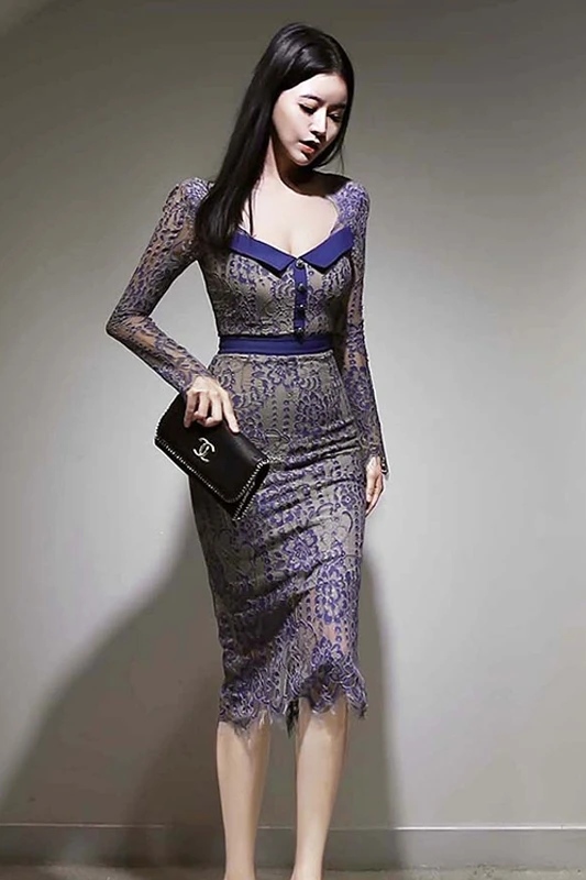 

COIGARSAM Patchwork Women dress New Winter Lace Dresses Pink Blue 7438