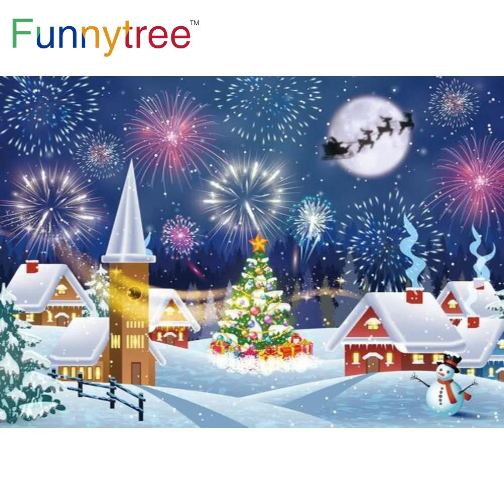 

Funnytree Merry Christmas Backdrop Snowy Night Santa Claus Christmas Tree Fireworks Snowman Moon Decoration Banner Background