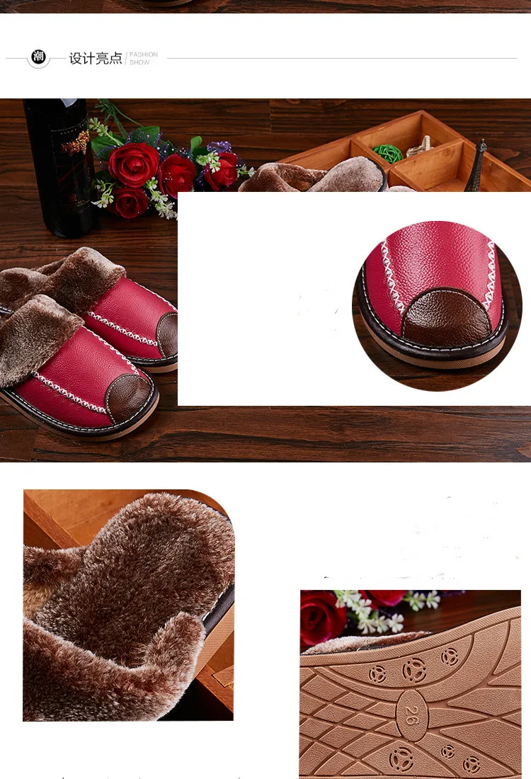 Большие размеры 35 44 мужские теплые зимние домашние тапочки из натуральной кожи