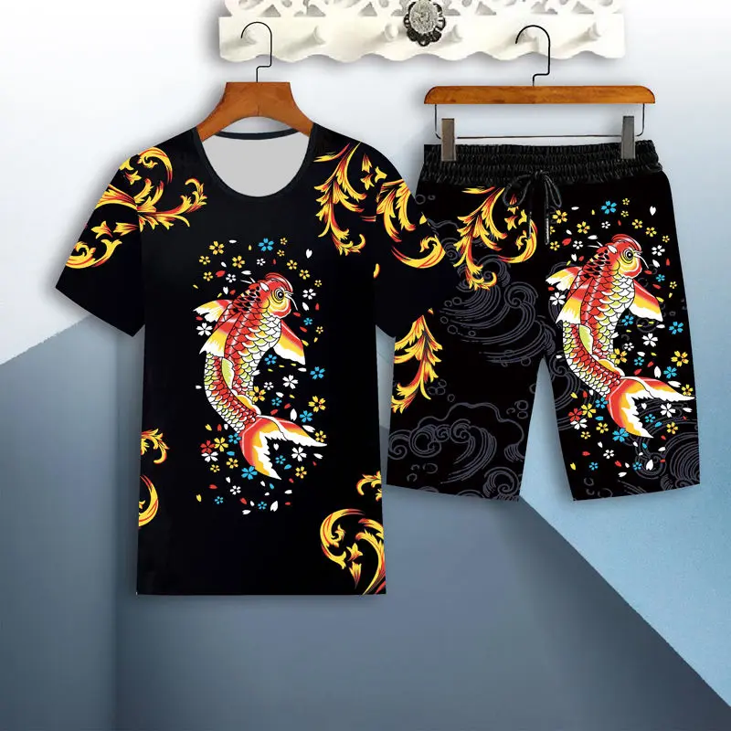 

Men's Summer Sportswear 3D Tiger Print Short Sleeve Sports Suit Casual Slim T-shirt Shorts Chinese Dragon Cartoon Novelty