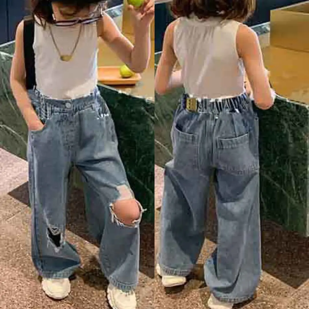 

Summer New Kids Jeans Pants 2-7 Years Baby Girls Fashion Solid Broken Hole Denim Pants Children Girls Wide Leg Jeans Trousers