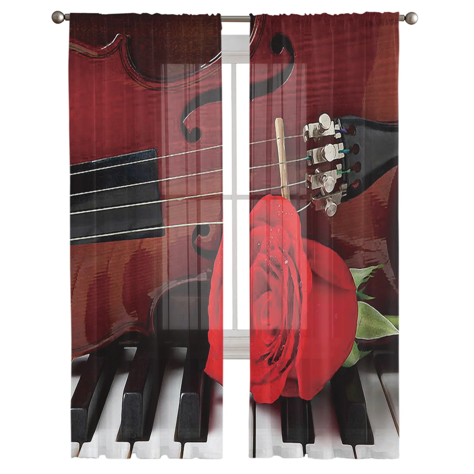 Занавеска на окно с изображением скрипки и красных роз для пианино Современная