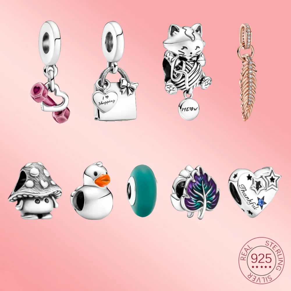 

2021 New 100% 925 Sterling Silver Fashion Mushroom Kitten Leaf Shopping Bag Bead Fit DIY Charm Creative Beads for Bracelet Women