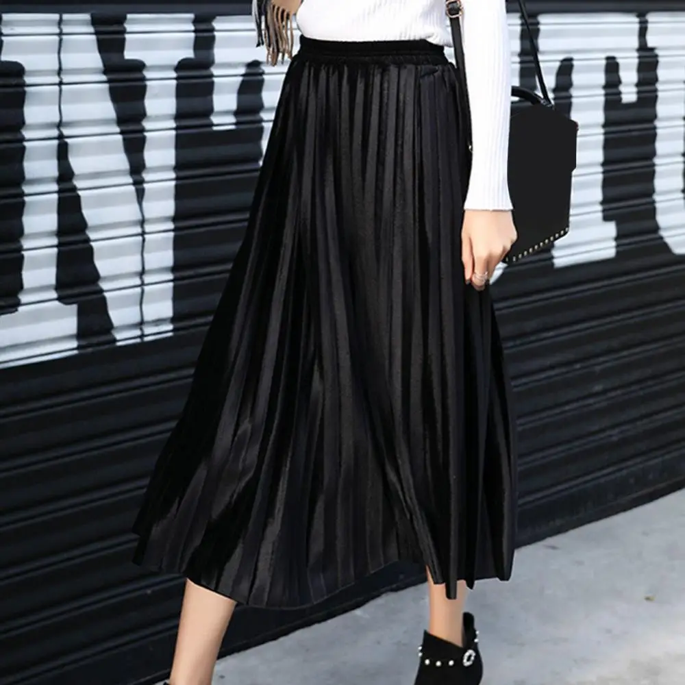 Бархатная плиссированная юбка с высокой талией женская зимняя винтажная черная